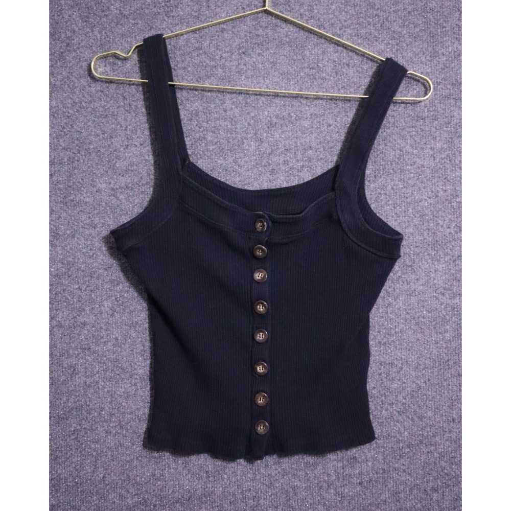 Free People‎ Shirt Women Medium Faded Black Button Front Ribbed Shorter Length